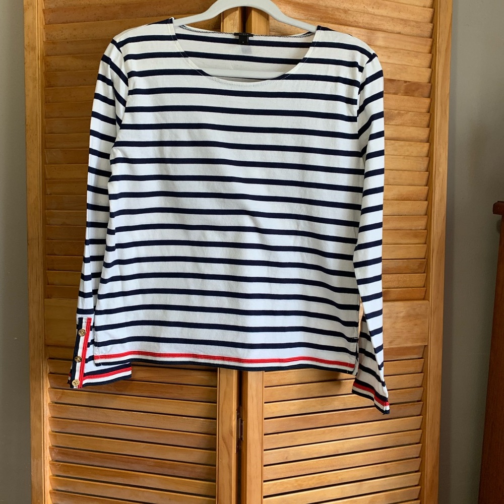 J Crew small boatneck top. Navy and ivory stripe with red, white and navy trim.